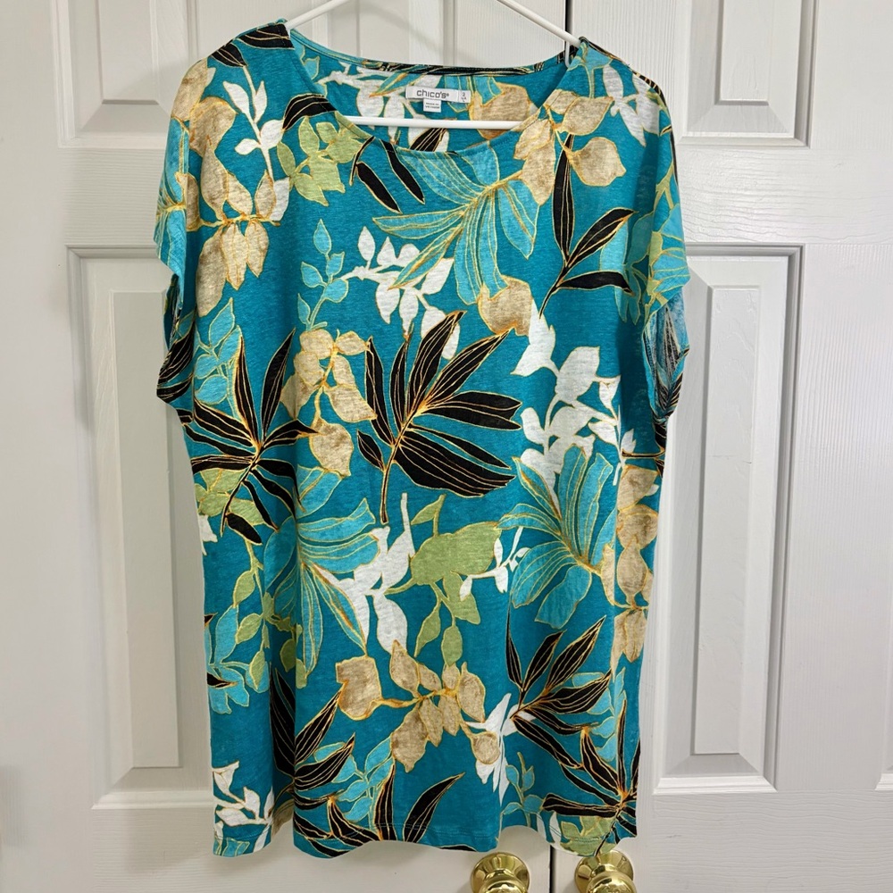 Chico's 100% Linen Blue Green Tropical Leaf Short Sleeve Top Size Large
